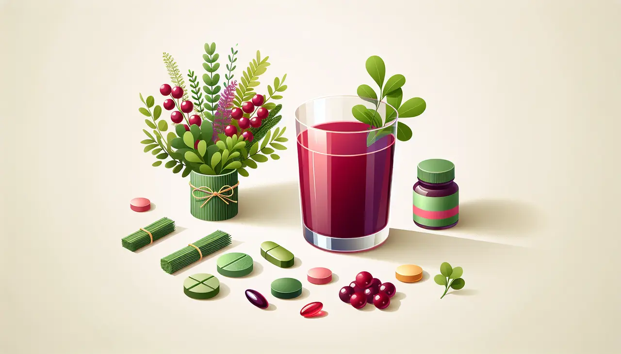 Draw a graphic in flat design style. A flat design illustration of a glass of cranberry juice, a bundle of fresh herbs, and a small collection of supplements, arranged neatly on a light background.