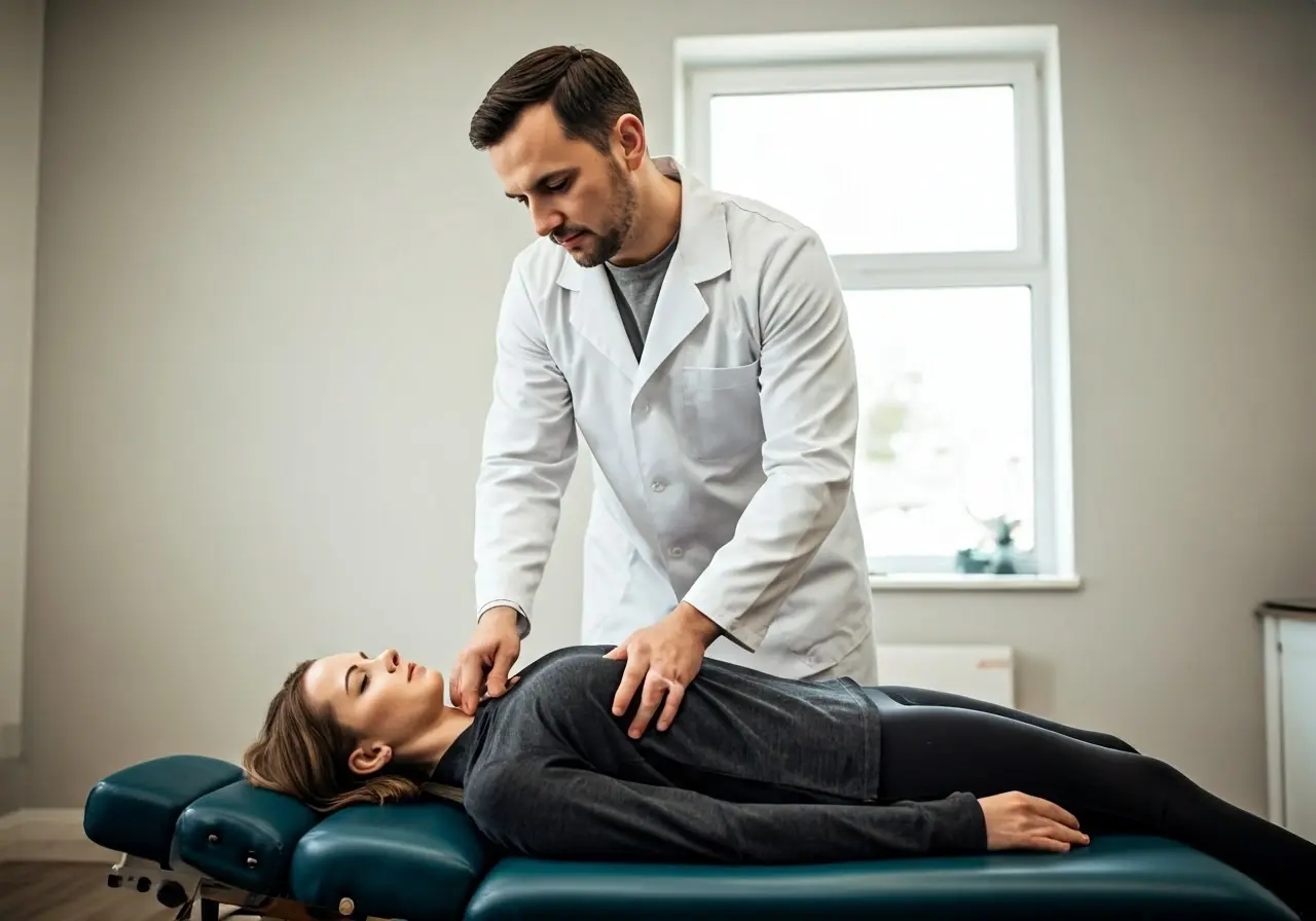 A chiropractor adjusting a patient’s spine in a clinic. 35mm stock photo