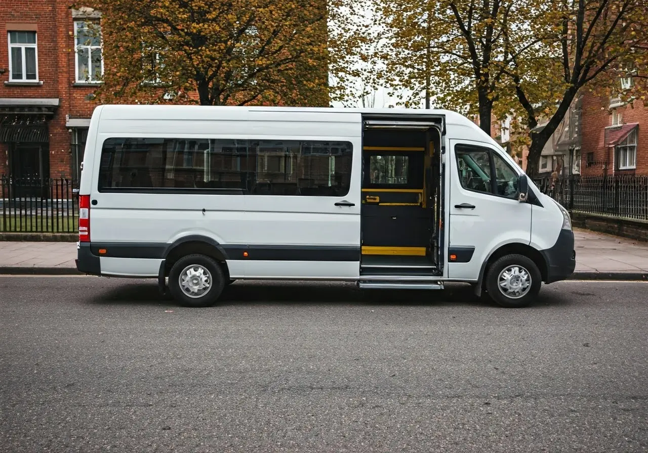 A wheelchair-accessible van in a city street setting. 35mm stock photo