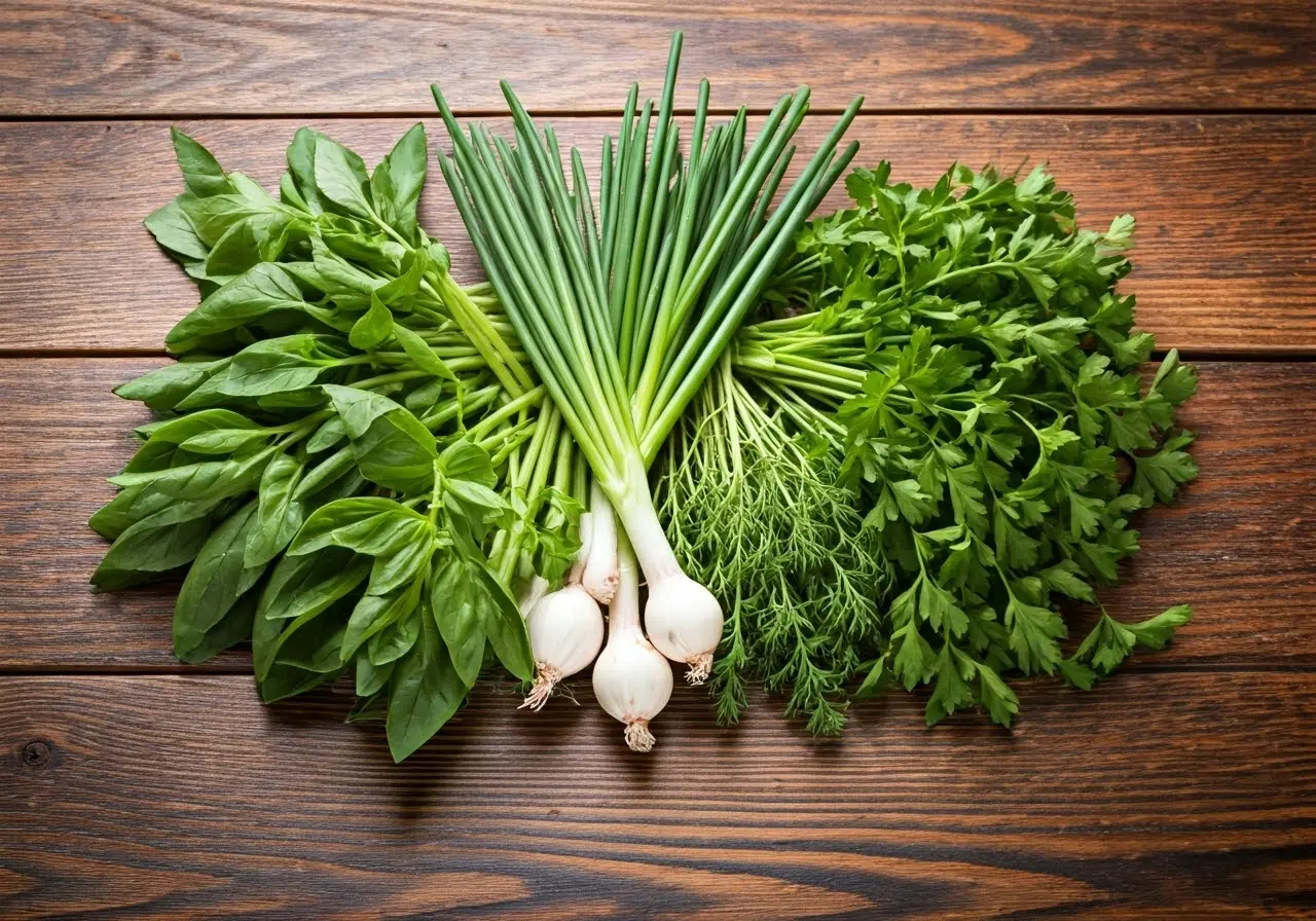 Collection of fresh herbs on a wooden table. 35mm stock photo