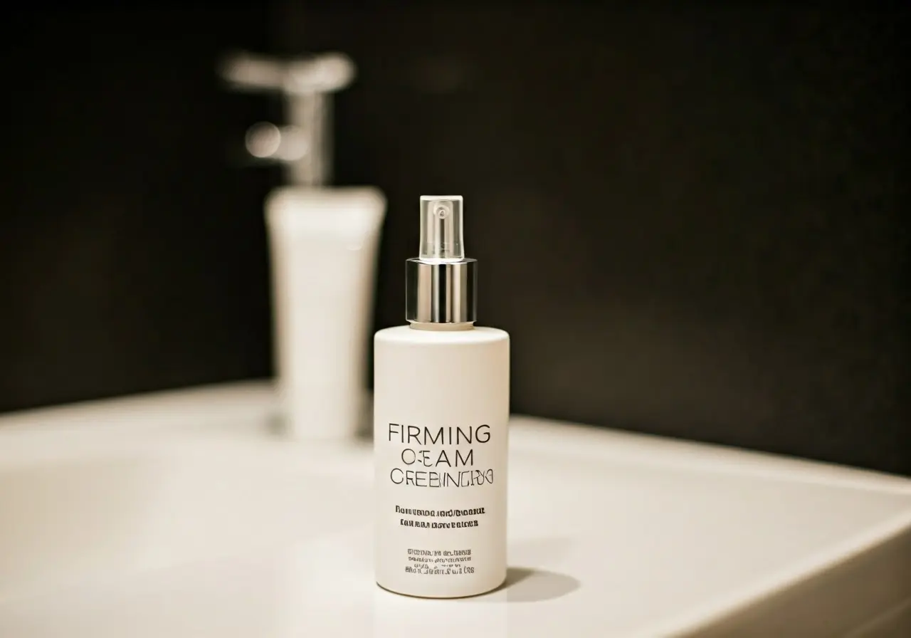 A bottle of firming cream on a bathroom counter. 35mm stock photo