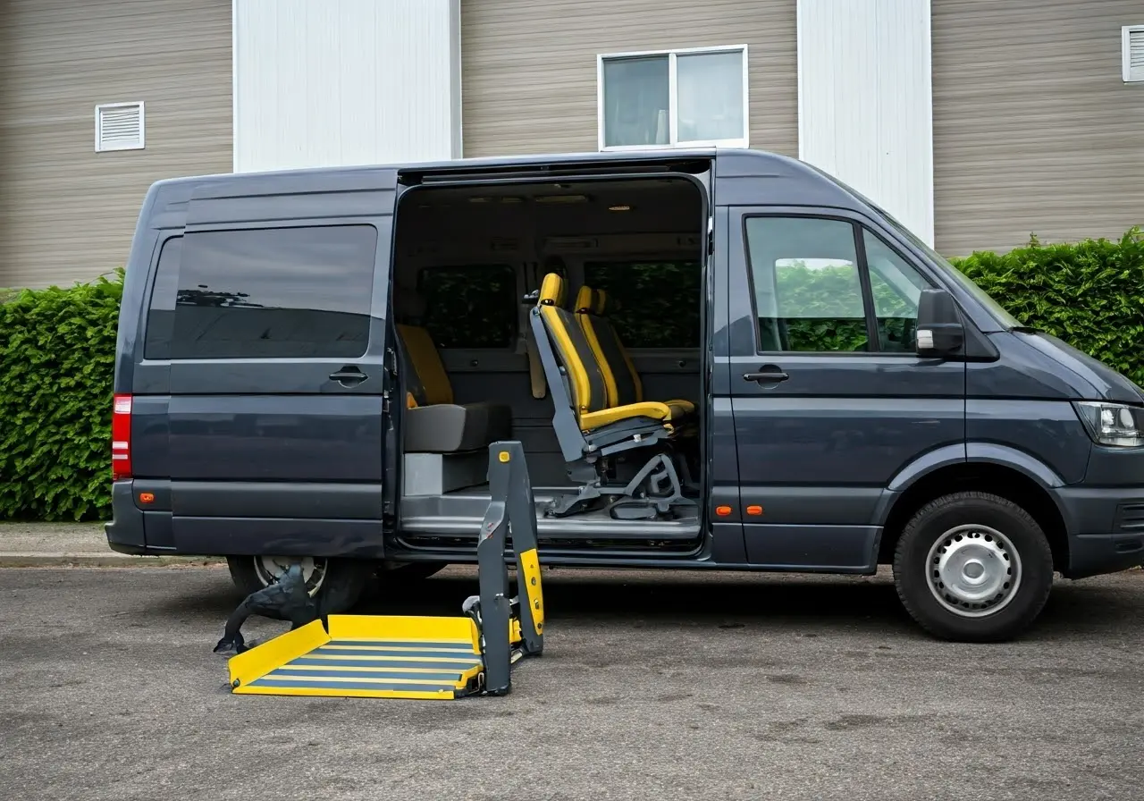 An accessible van with a wheelchair lift in use. 35mm stock photo