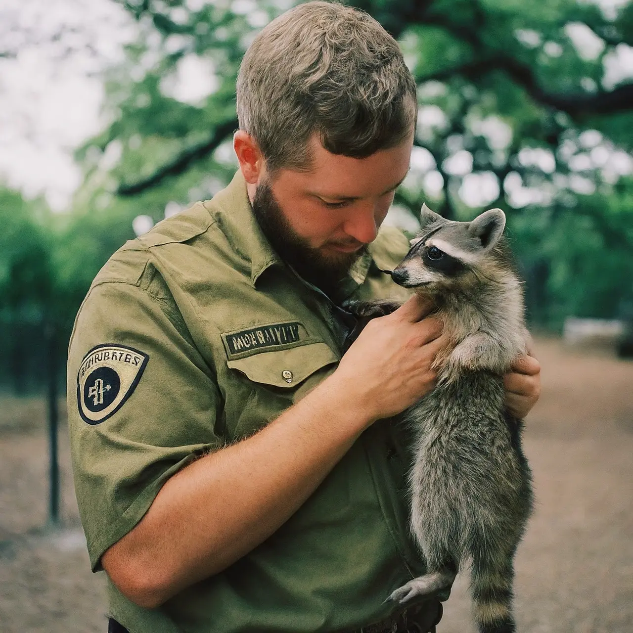 A wildlife professional gently handling a raccoon in San Antonio. 35mm stock photo