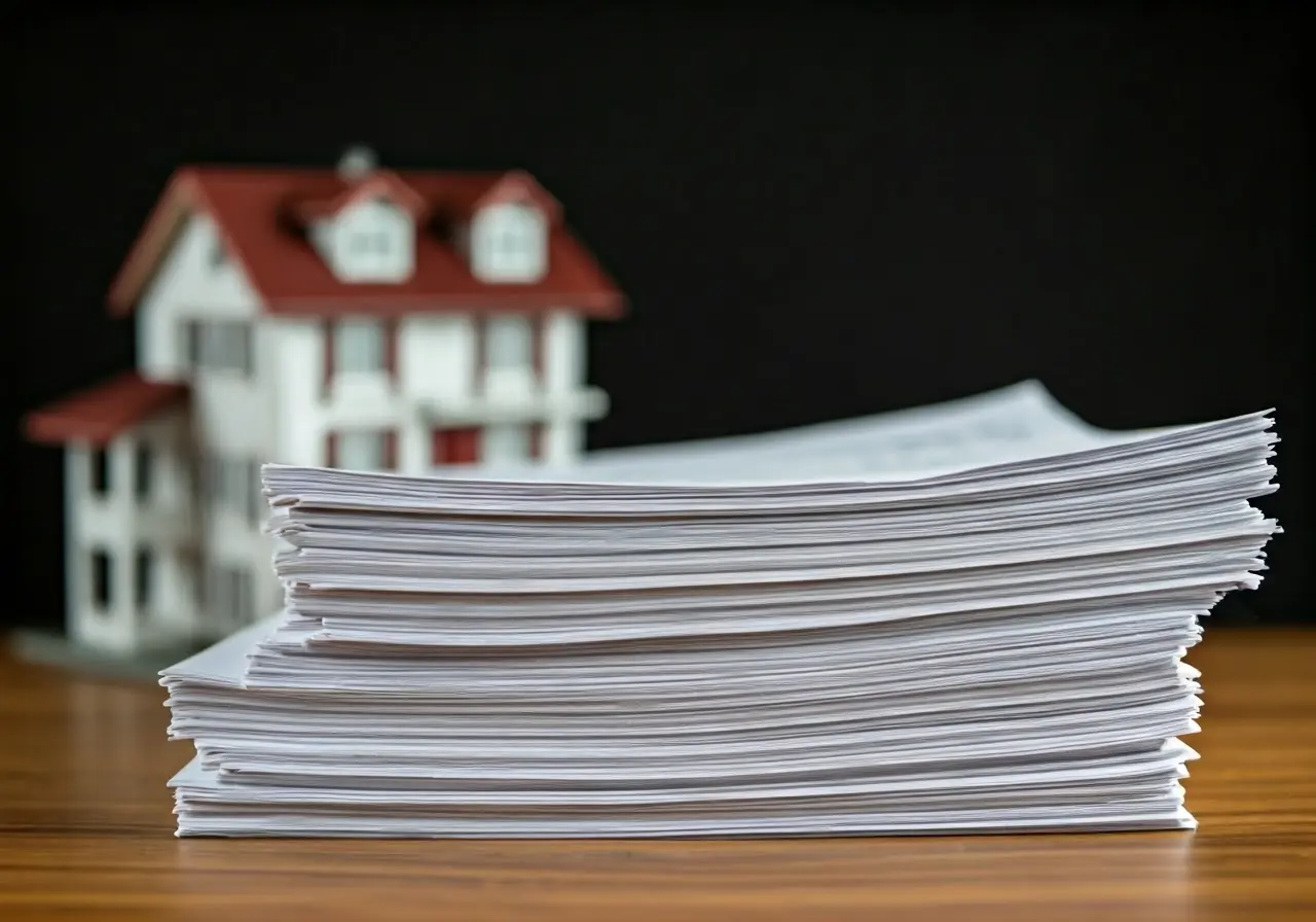 A stack of invoices next to a model house. 35mm stock photo