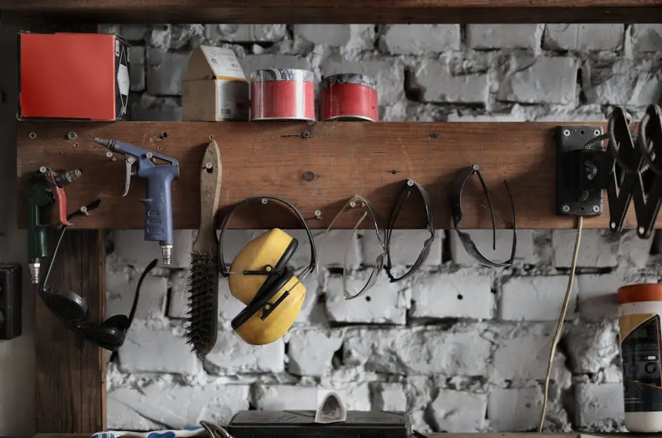 Various instruments hanging on wooden board in garage