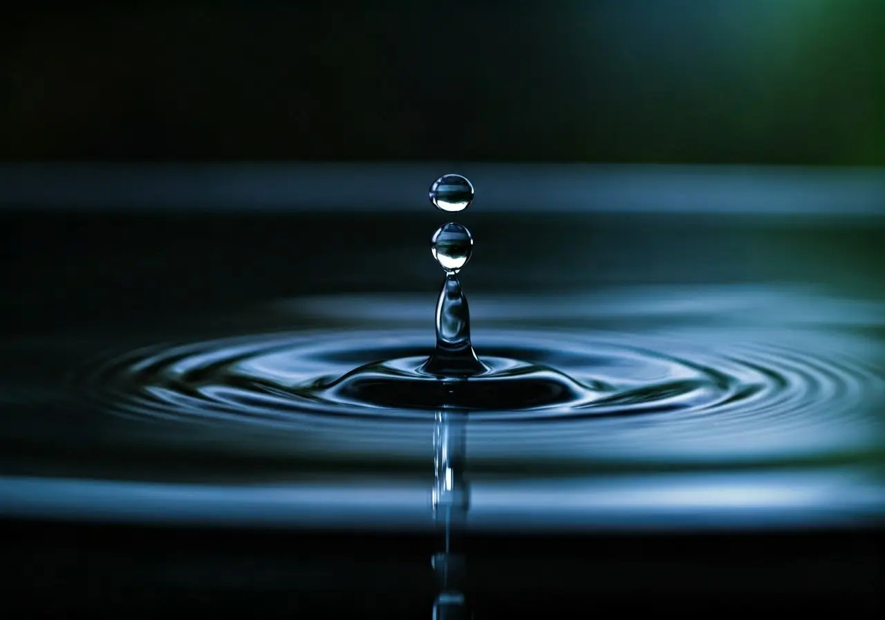 A water droplet falling into a calm, clear pond. 35mm stock photo