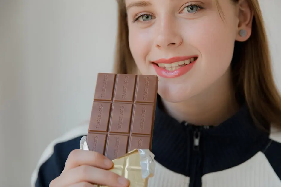 Smiling woman holding a chocolate bar, enjoying the sweet treat.