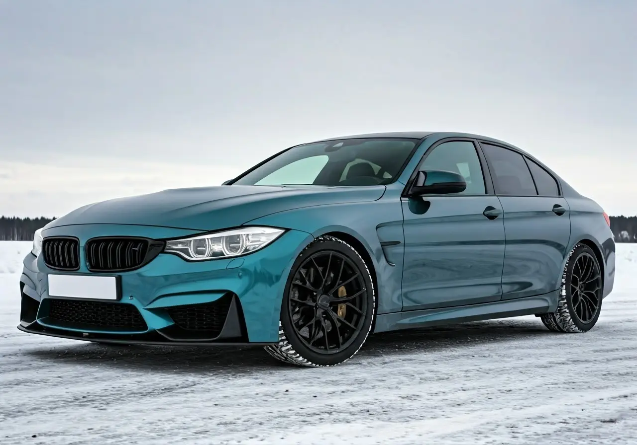 A car with shiny ceramic coating in snowy landscape. 35mm stock photo