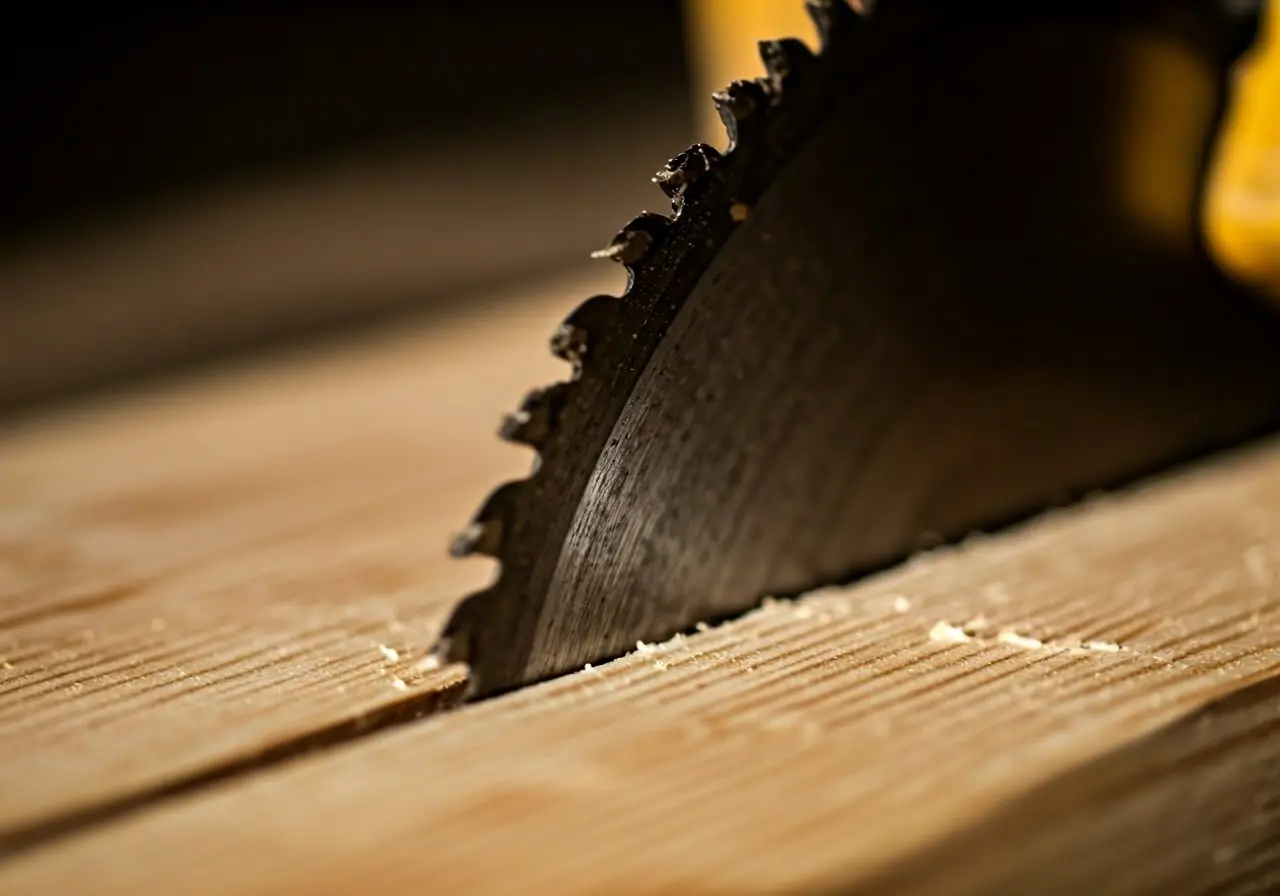 A close-up of a saw blade cutting through wood. 35mm stock photo