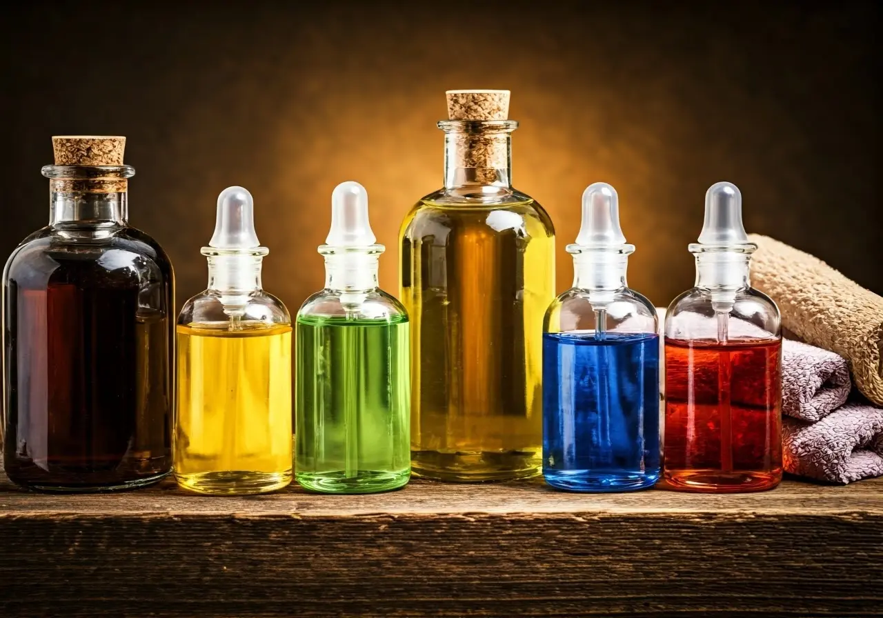 A variety of colorful bath oils and essential oils displayed. 35mm stock photo