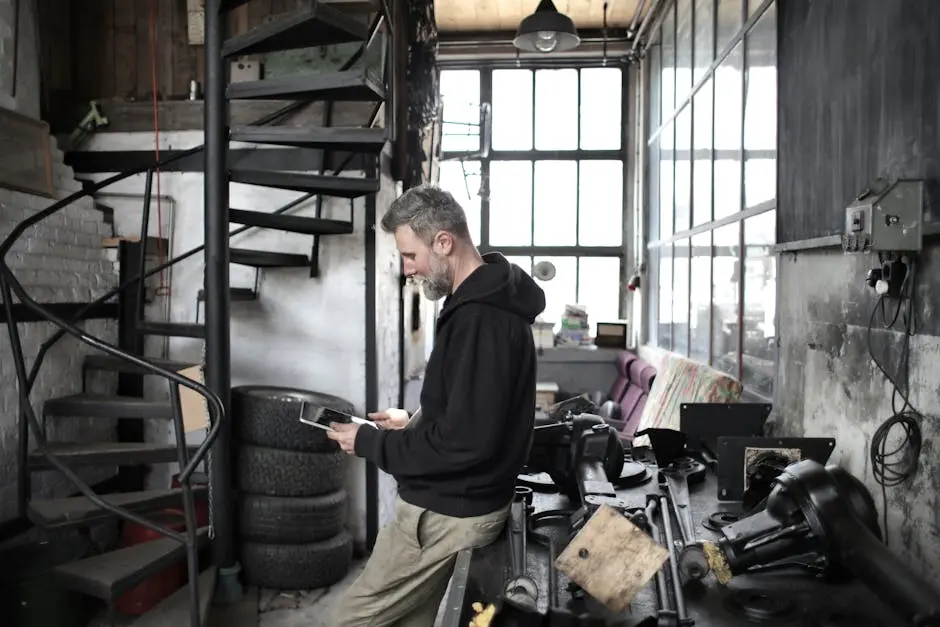 Professional mechanic using a tablet in an industrial workshop with tools