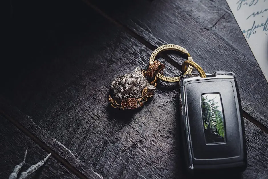 Elegant silver lion keychain paired with a luxury car key on a dark wooden surface.