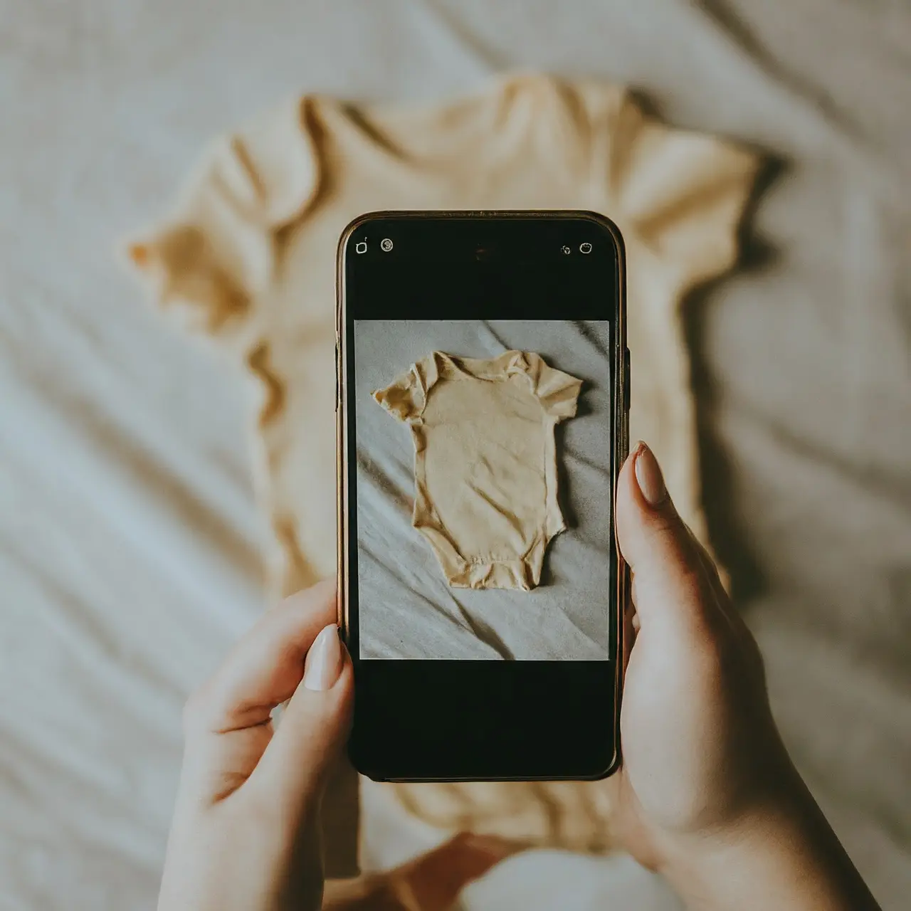 Smartphone projecting baby clothes in augmented reality for shopping. 35mm stock photo