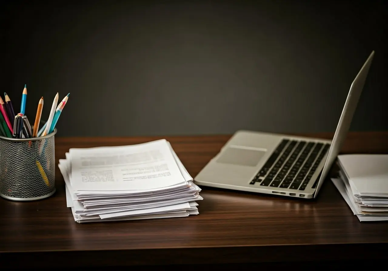 A cluttered desk with documents, a laptop, and scattered papers. 