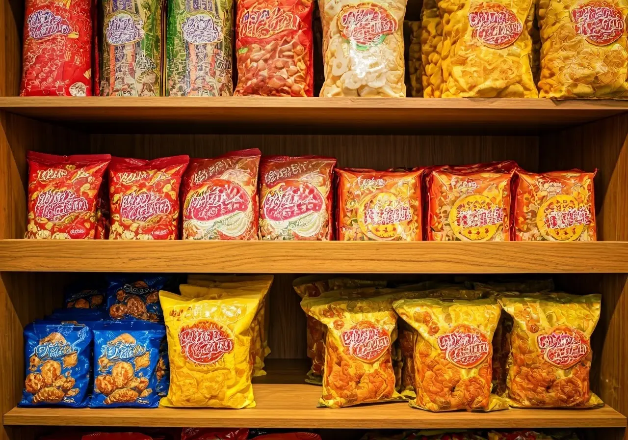 A colorful display of assorted Hong Kong snacks on shelves. 35mm stock photo