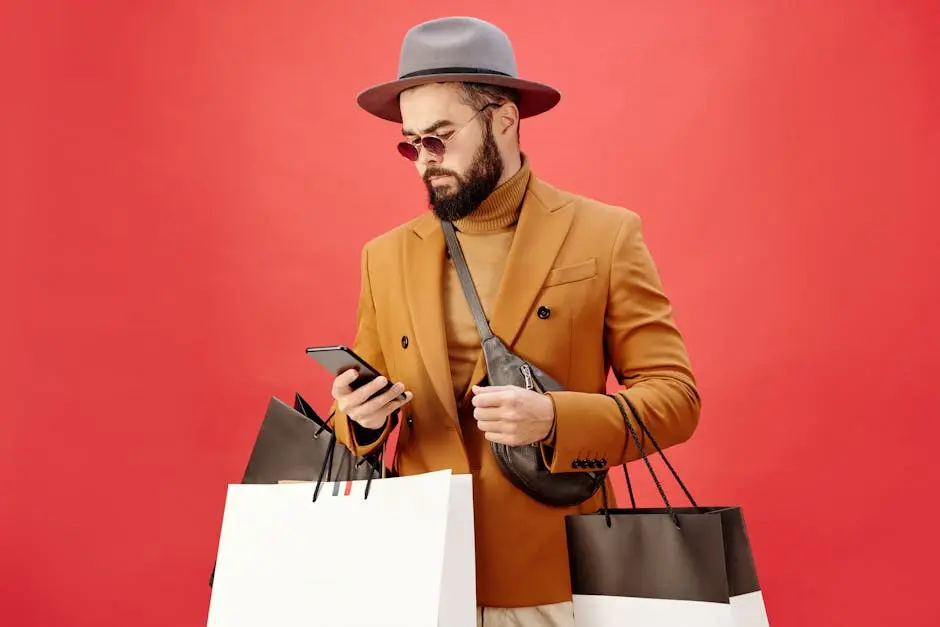 Fashionable man with shopping bags using smartphone. Stylish look with beard, hat, and sunglasses.