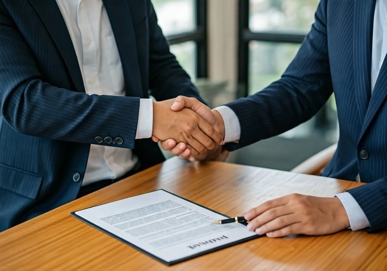 A professional broker shaking hands over business sale documents. 35mm stock photo