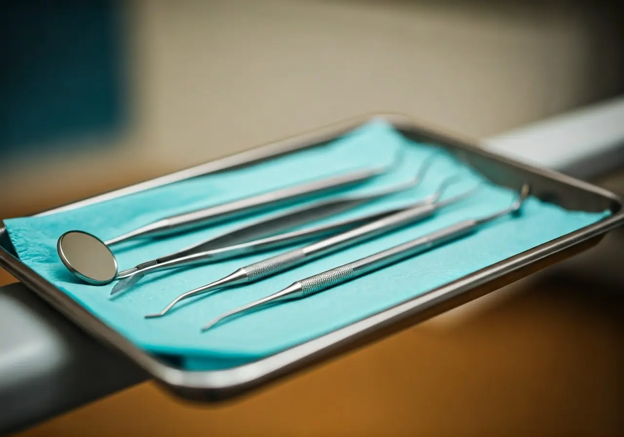 A dentist’s tools neatly organized on a sterile tray. 35mm stock photo