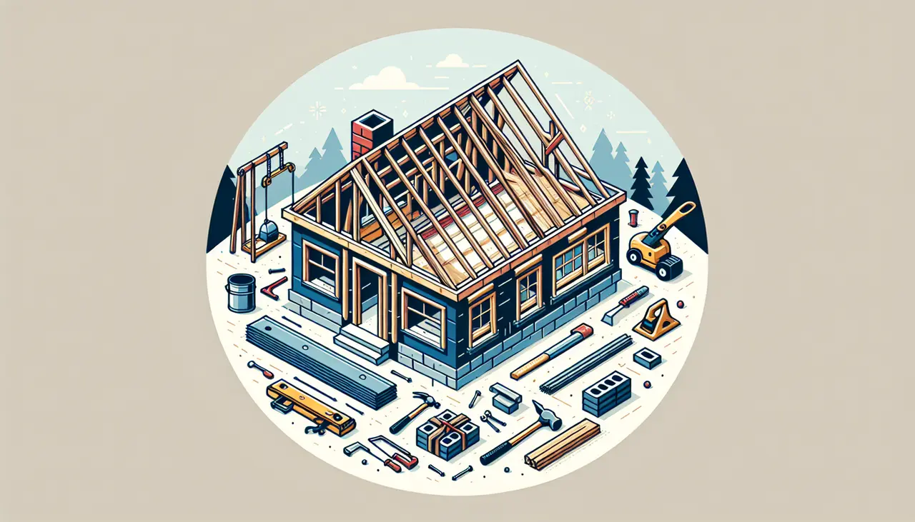 Draw a graphic in flat design style. A house with a roof under construction, showing simple tools and materials nearby.