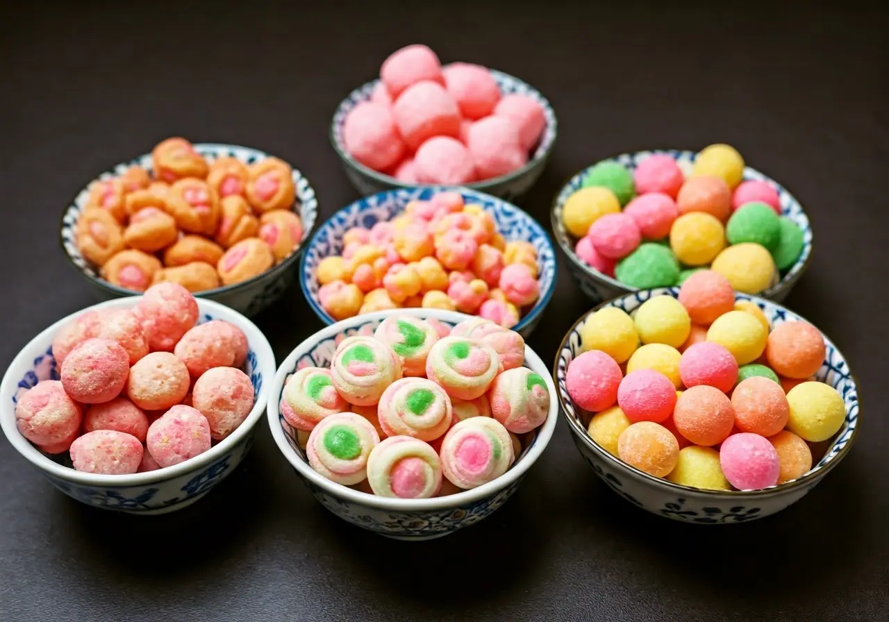 An assortment of colorful Hong Kong snacks in decorative bowls. 35mm stock photo