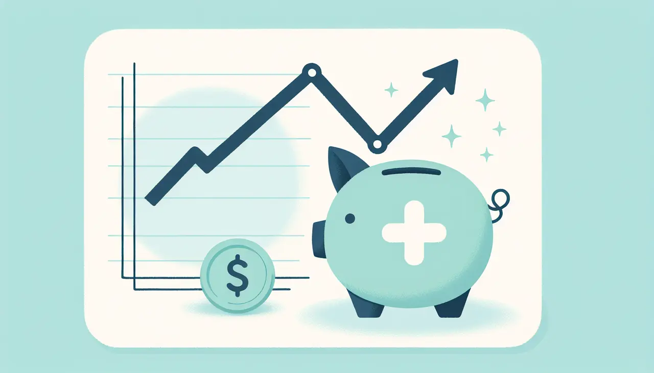 Draw a graphic in flat design style. A simple illustration of a piggy bank with a cross on it, next to a graph showing increasing savings over time.