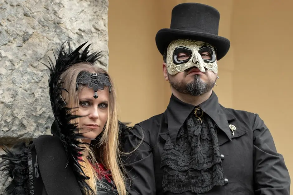 Elegant Victorian gothic masquerade costumes with intricate masks and dark attire.