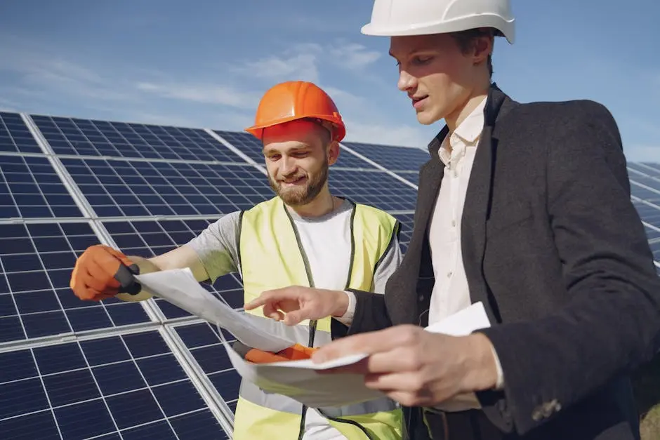 Two Electricians Standing near the Solar Panels