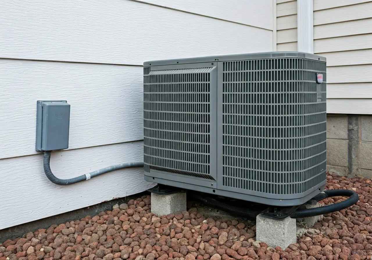 HVAC unit being installed outside a residential home. 35mm stock photo