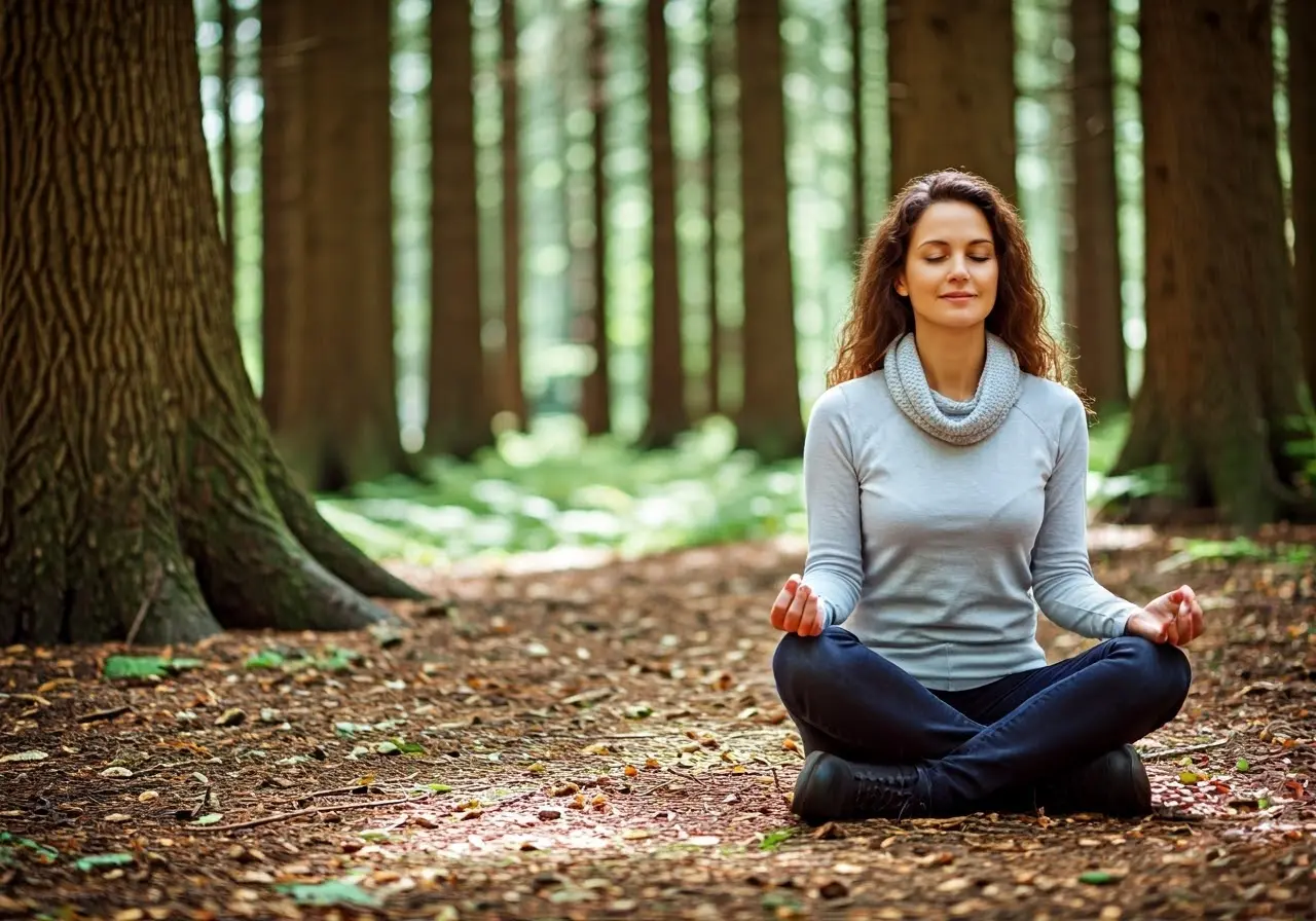 A serene woman meditating in a forest. 35mm stock photo