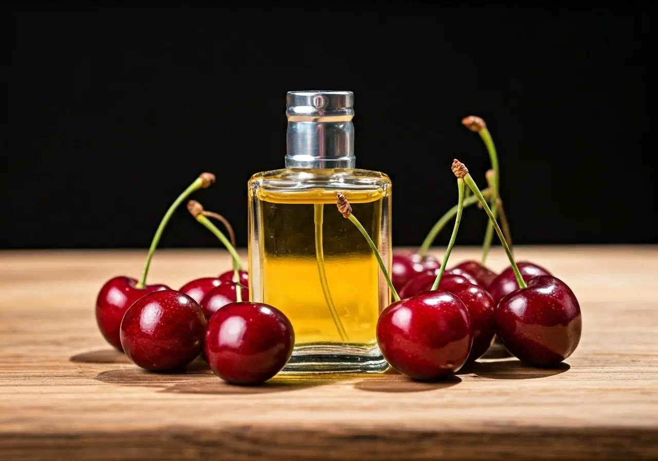 A bottle of perfume oil surrounded by fresh cherries. 35mm stock photo