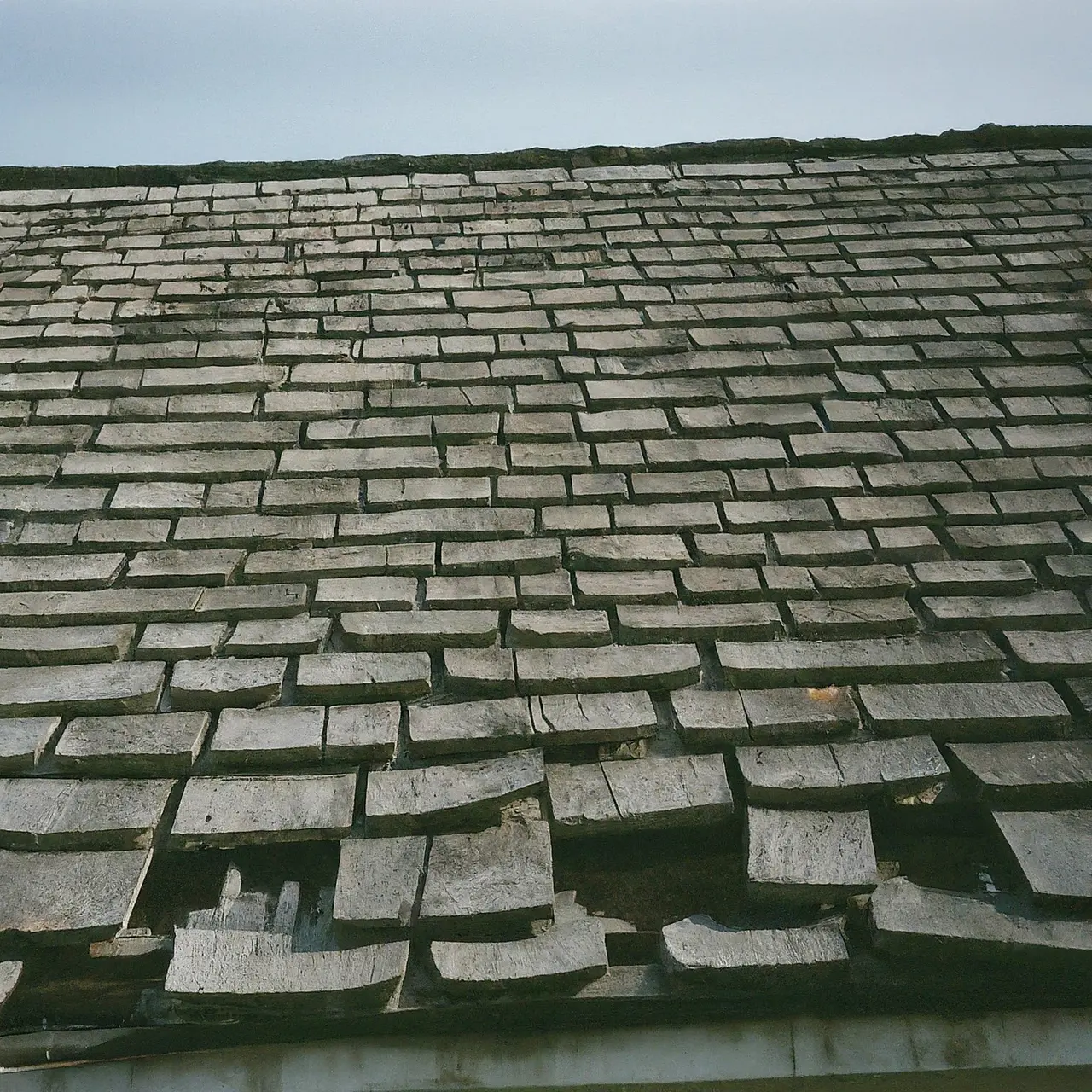 A shingled roof showing signs of wear and damage. 35mm stock photo