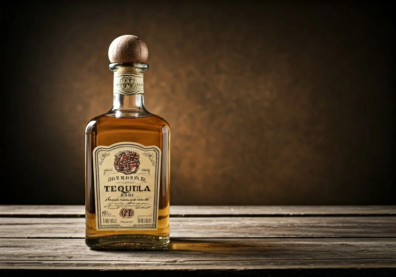 A bottle of aged tequila on a rustic wooden table. 35mm stock photo