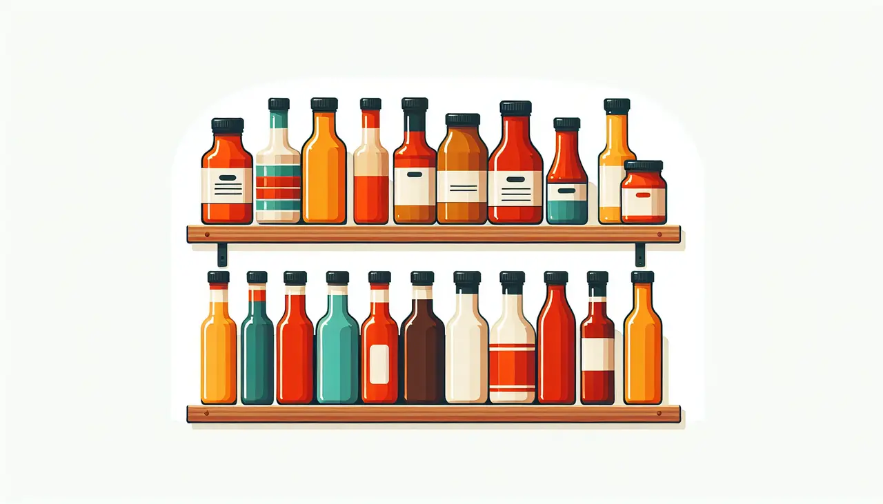 Draw a graphic in flat design style. Illustration of a colorful array of sauces in minimalist bottles on a kitchen shelf.
