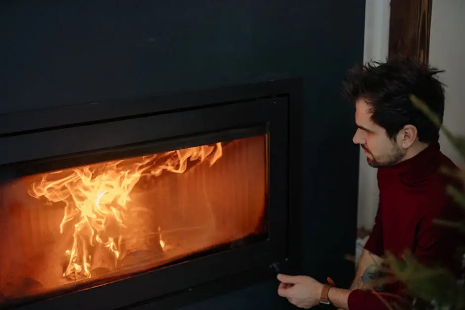 Man in cozy red sweater enjoying warmth from modern fireplace indoors.