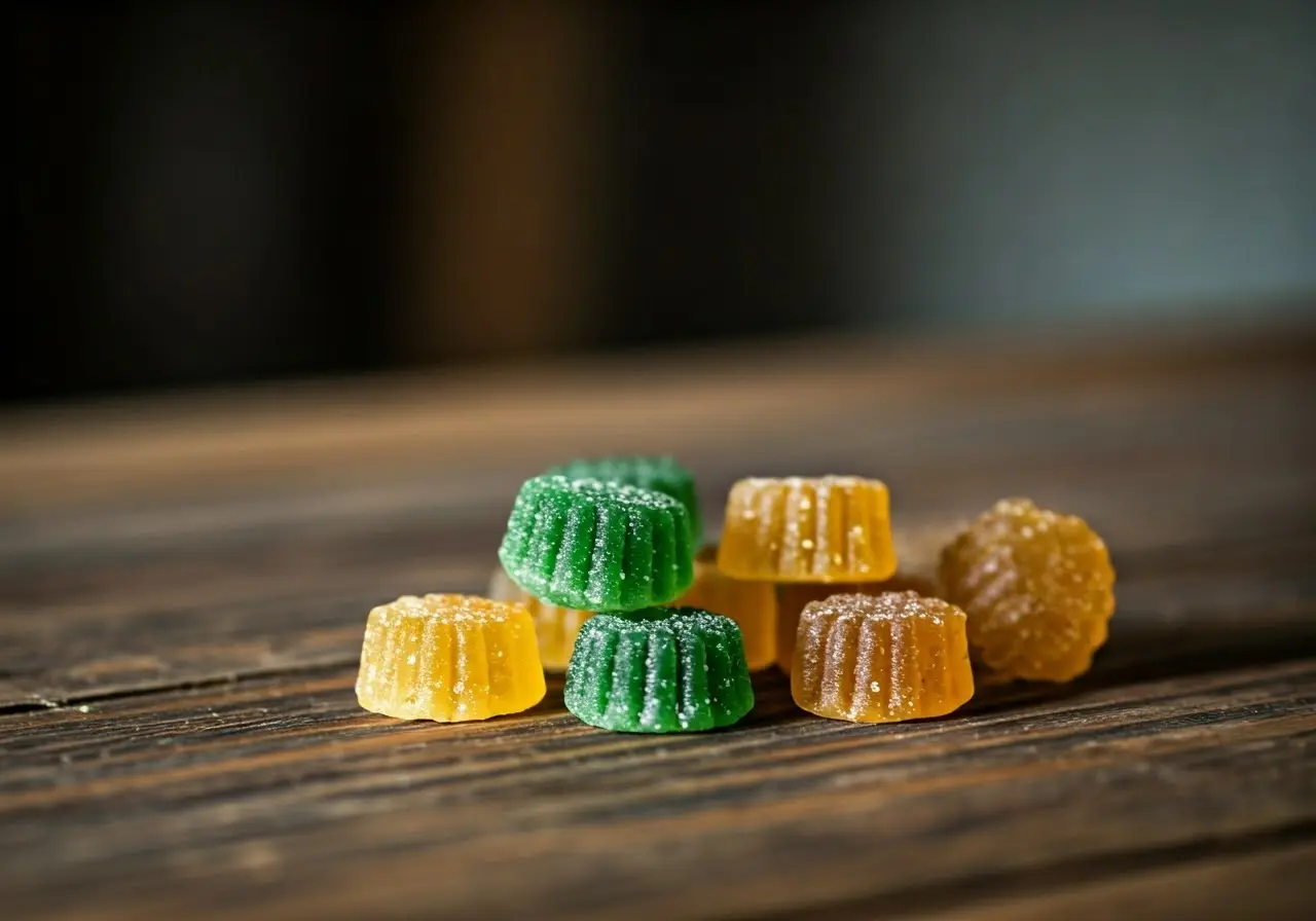 CBD gummies arranged neatly on a wooden table. 35mm stock photo