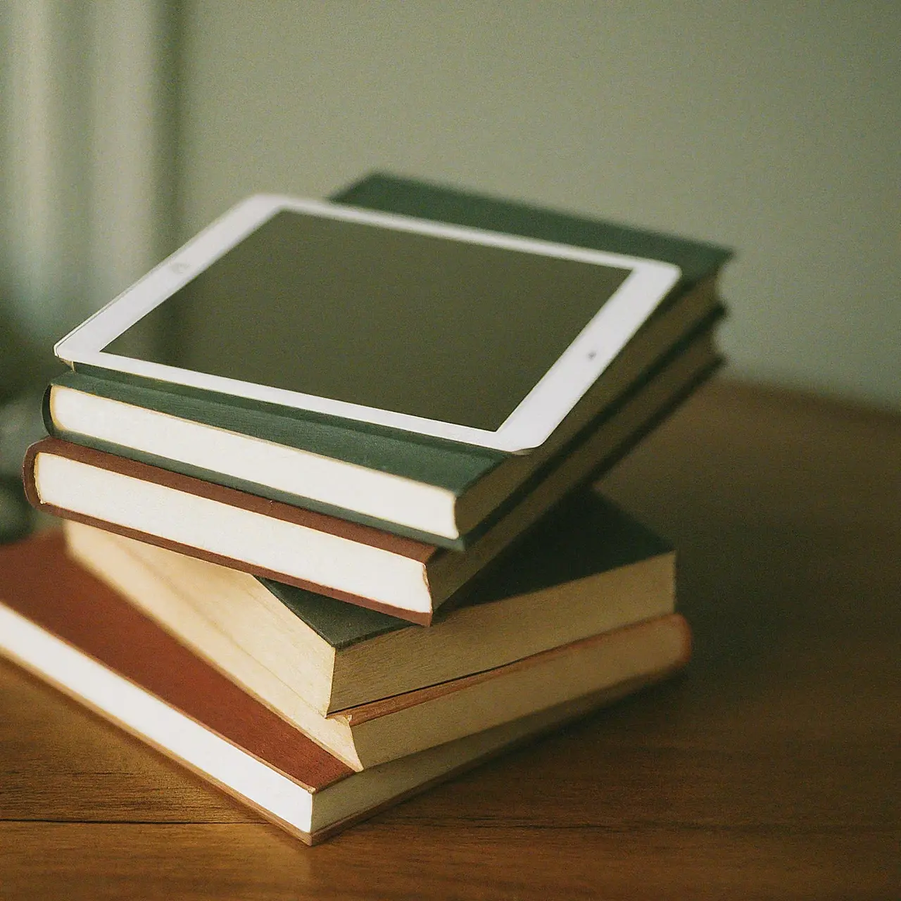 Stack of books with a digital tablet on top 35mm stock photo