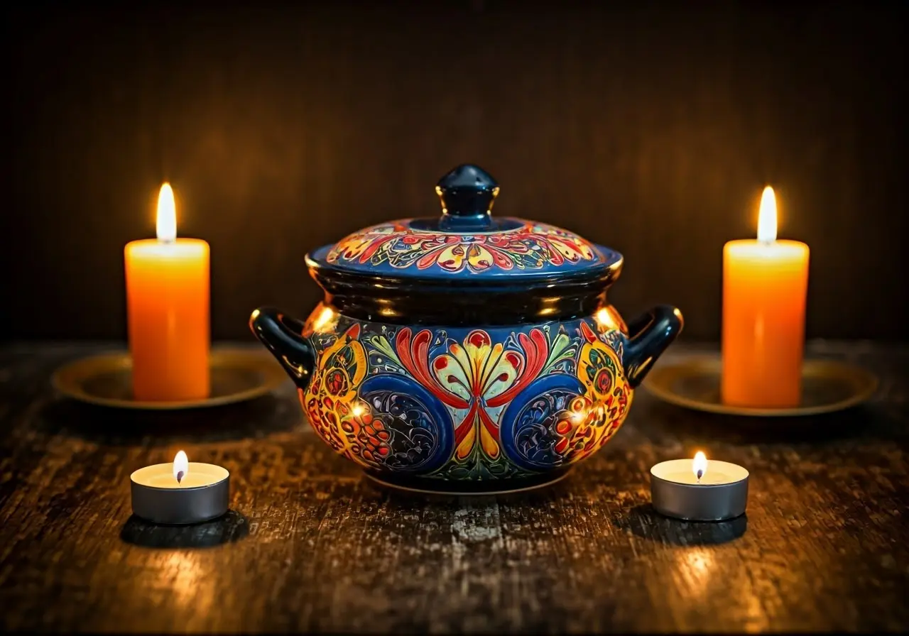 A colorful tureen surrounded by spiritual candles and symbols. 35mm stock photo