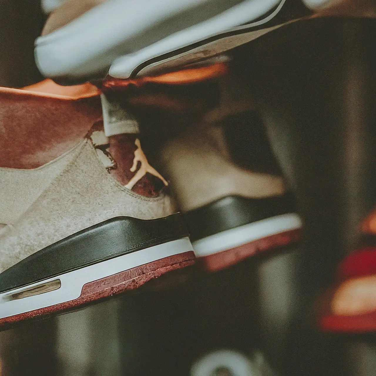 A close-up of rare Air Jordan sneakers on display. 35mm stock photo