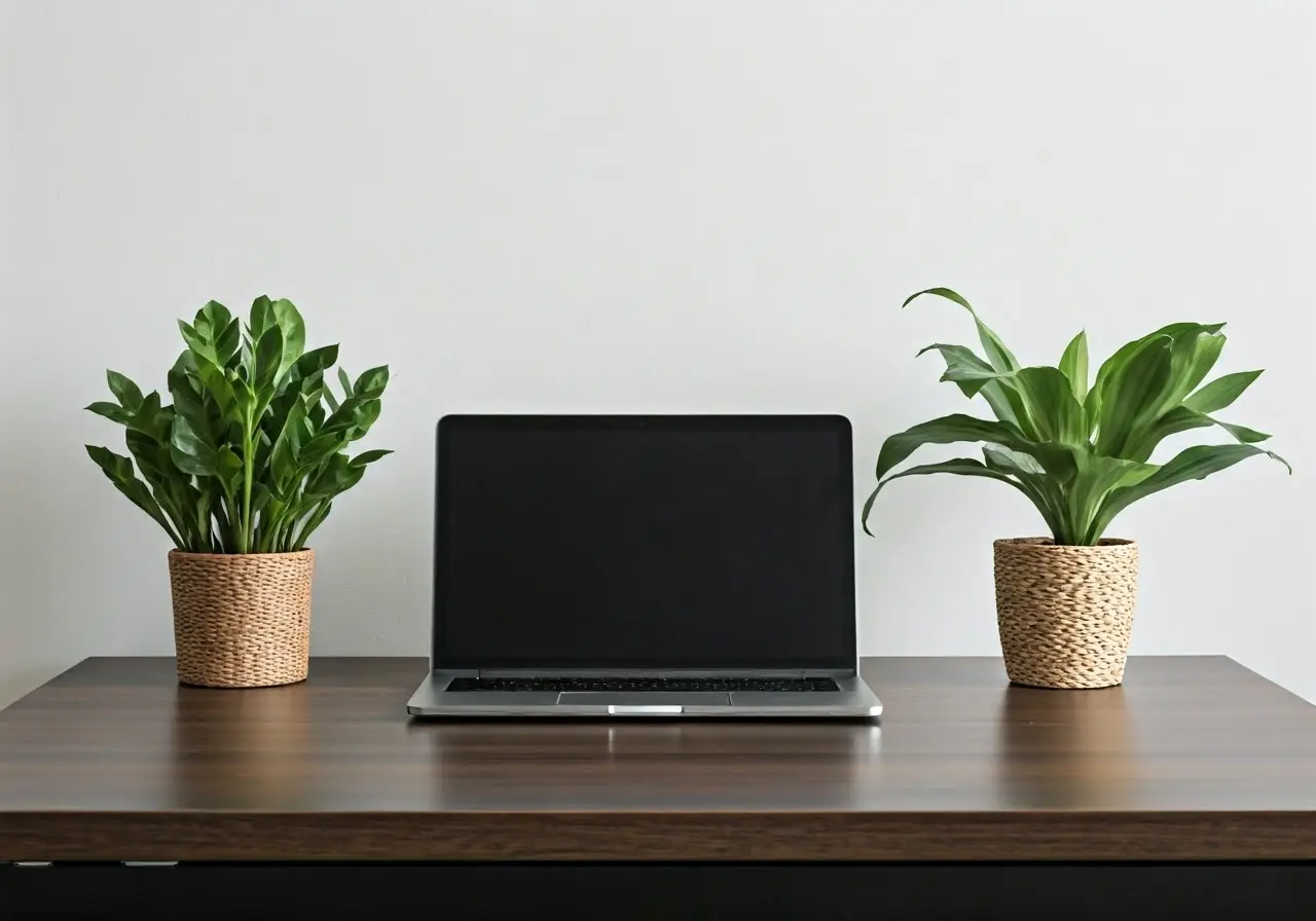 A minimalist office desk with a laptop and plants. 35mm stock photo