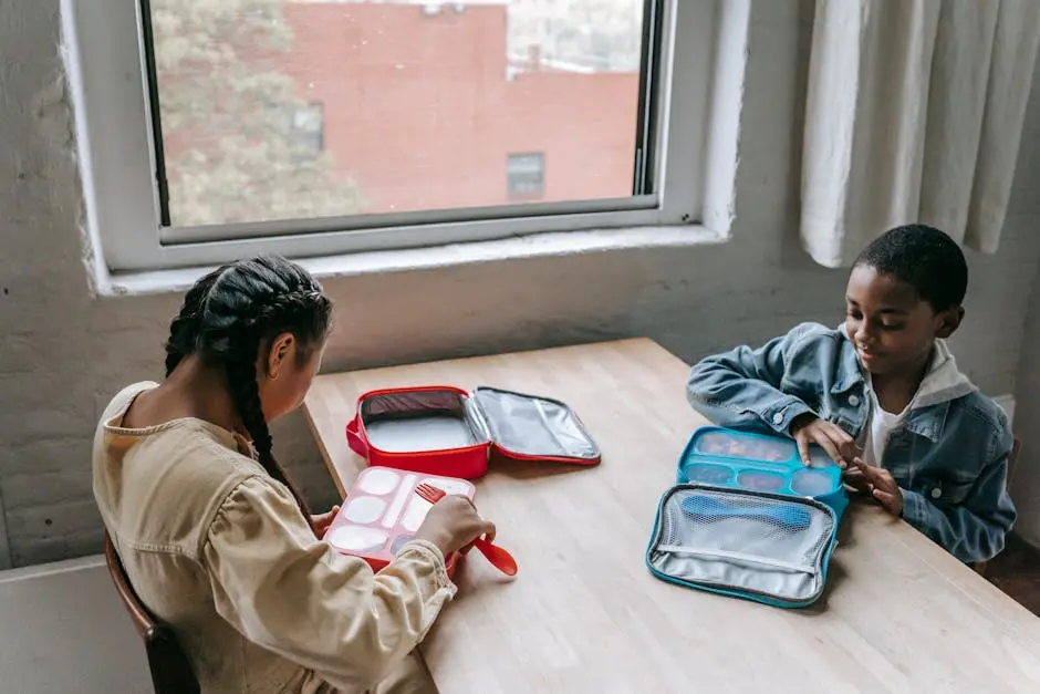 High angle of diverse classmates gathering at table with lunch boxes and having breakfast in school