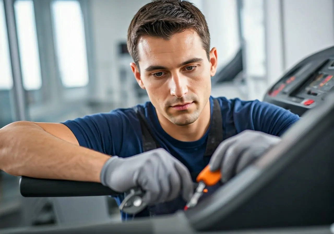 A technician fixing a treadmill belt with tools. 35mm stock photo