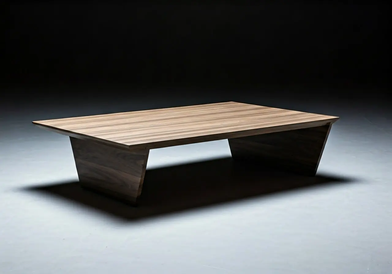 A modern coffee table with sleek lines and geometric décor. 35mm stock photo