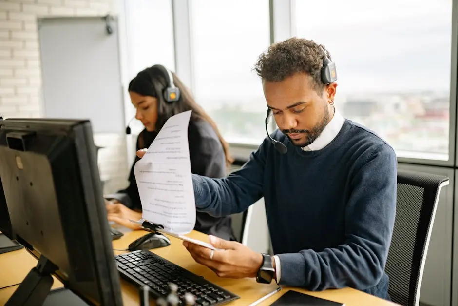 Call center agents with headsets working in a modern office setting, reviewing documents.