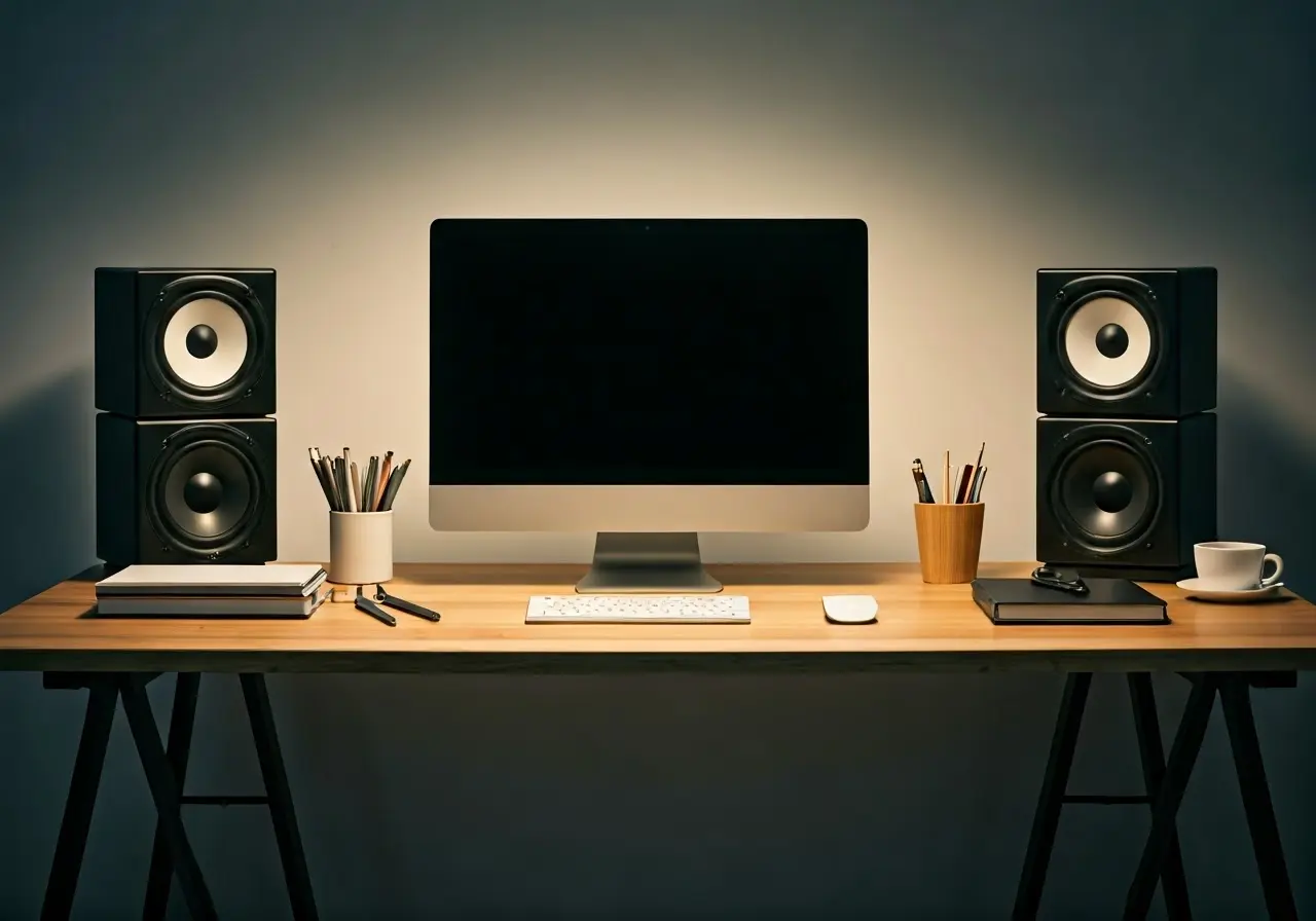 A modern home studio desk with computer and organized workspace. 35mm stock photo