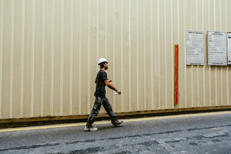 An adult male construction worker walks along an outdoor construction site wall.