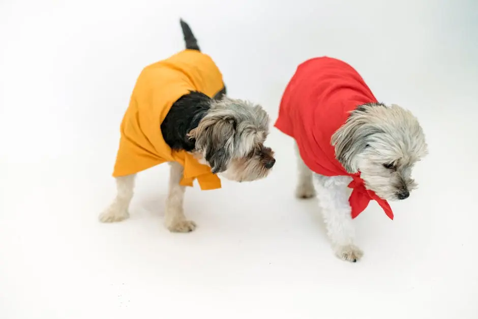 Two Yorkshire terriers dressed in vibrant red and orange costumes on a white background, showcasing their playful personalities.