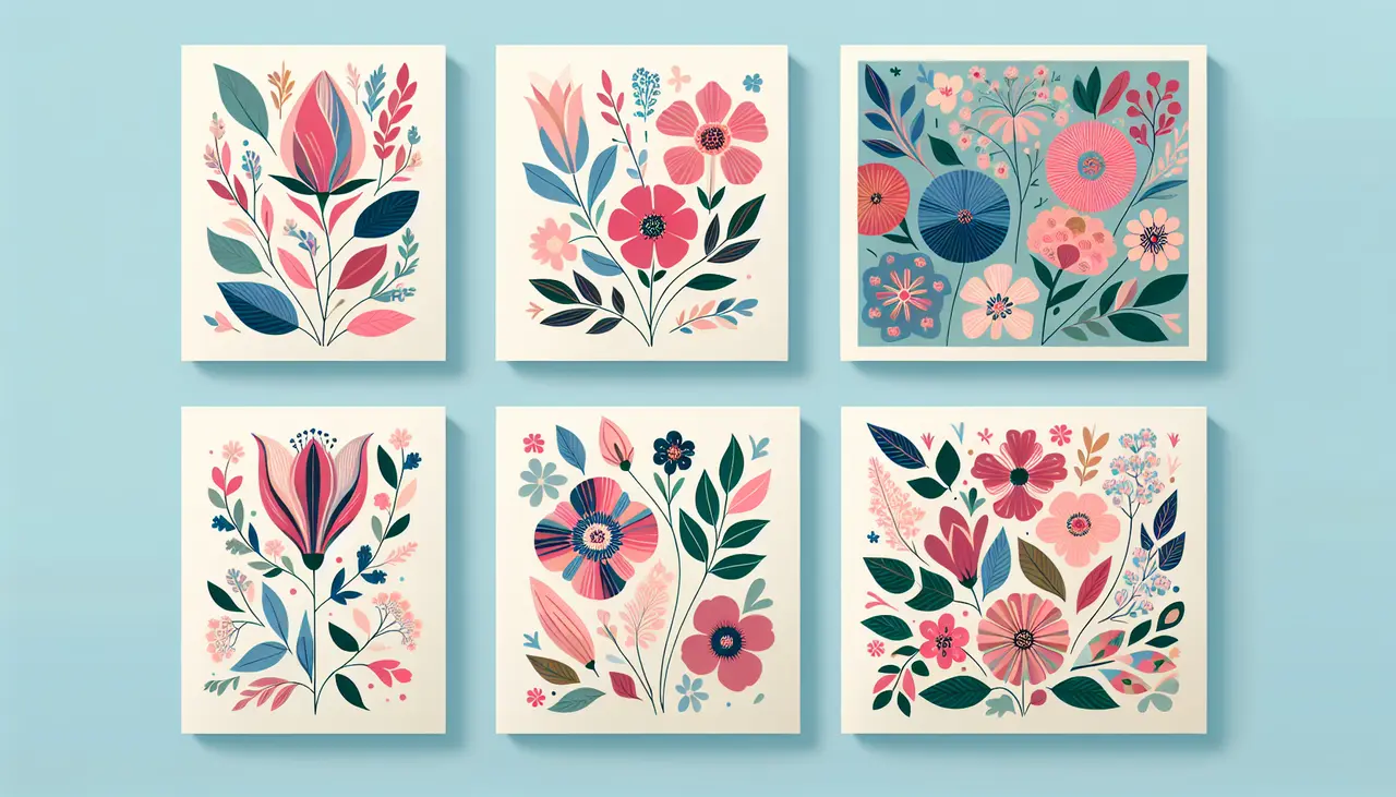 Draw a graphic in flat design style. Create an image of five colorful greeting cards, each with a different floral design, laid out in a semi-circle on a pastel background.