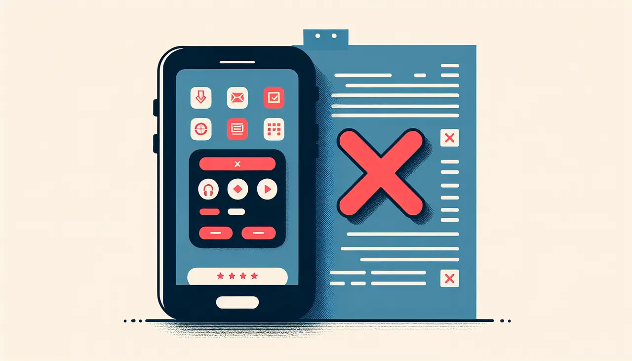 Draw a graphic in flat design style. Flat design style image of a mobile phone with a large red cross over an app icon, and a document with a list next to it.