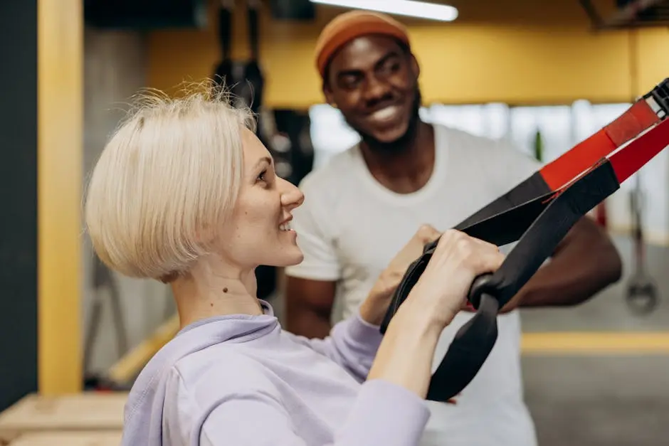 A smiling fitness trainer assists a woman during a TRX workout session indoors, promoting a healthy lifestyle.