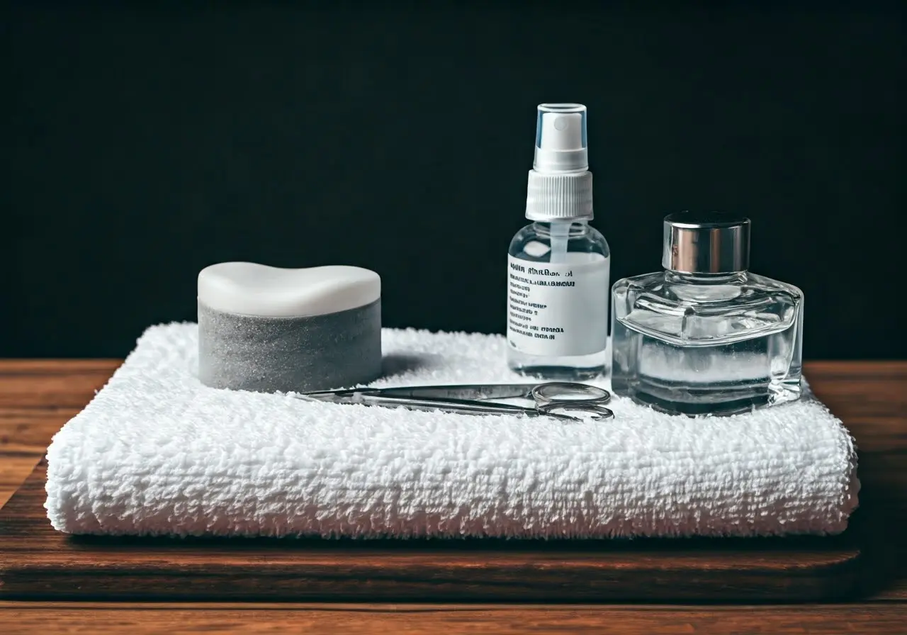 Clean pedicure tools placed on a white towel with disinfectant. 35mm stock photo